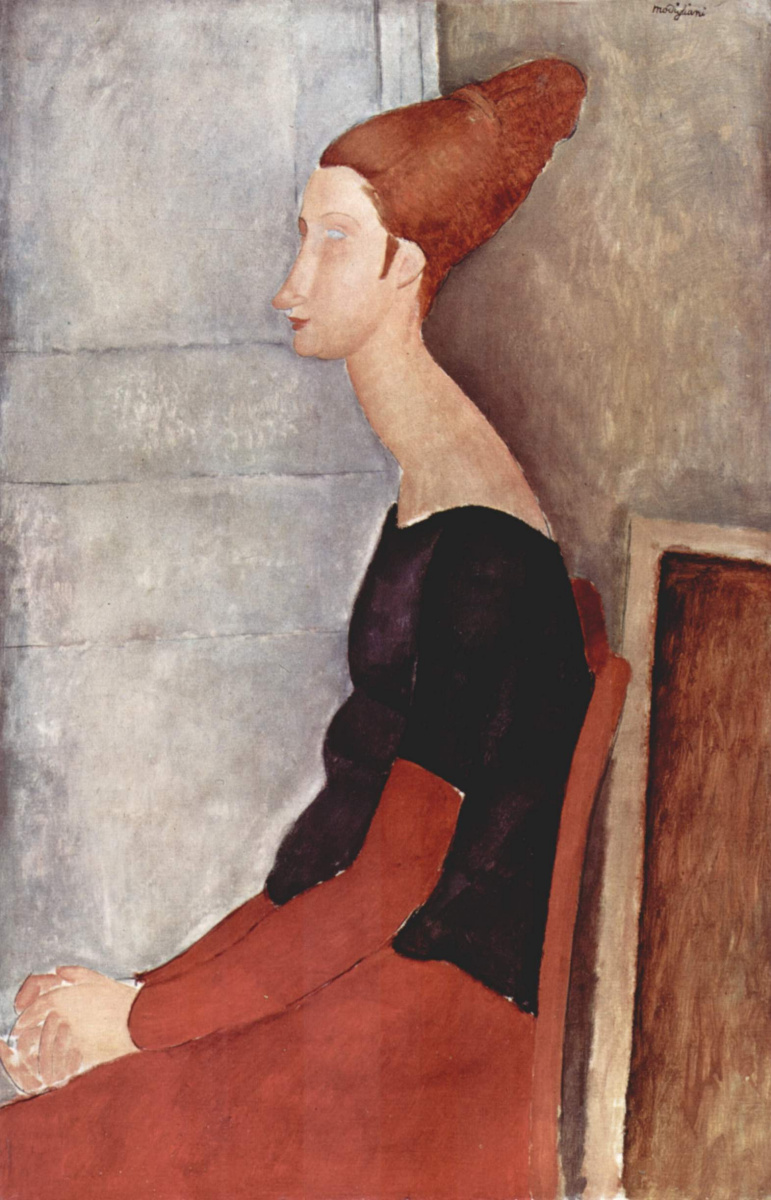 Портрет сидящей Жанны Эбютерн в профиль (в темной одежде)