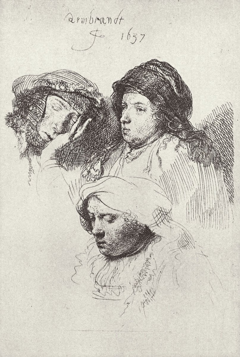 Рембрандт Харменс ван Рейн. Лист с этюдами трёх женских голов