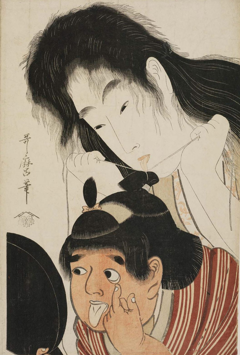 Китагава Утамаро. Ямауба завязывает волосы Кинтаро, гримасничающему перед зеркалом