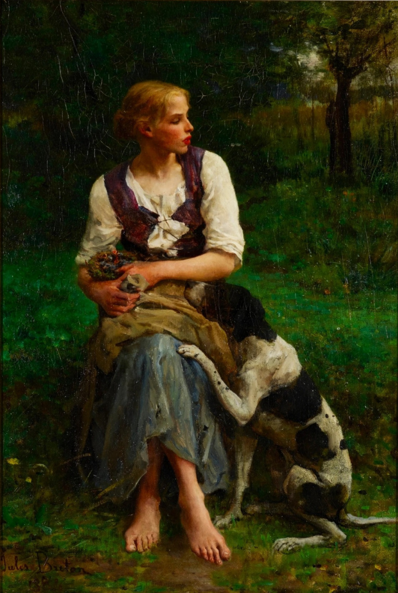 Жюль Бретон. Молодая крестьянка с собакой