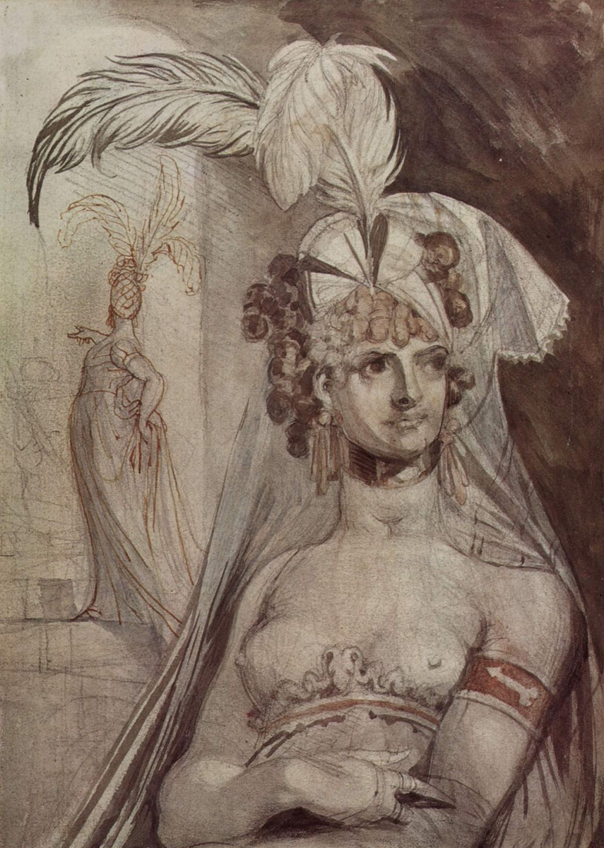 Иоганн Генрих Фюссли. Полуфигура куртизанки с перьями, бантом и покрывалом на волосах