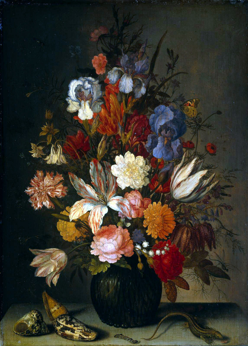 Балтазар ван дер Аст. Натюрморт с цветами, раковинами и ящерицей