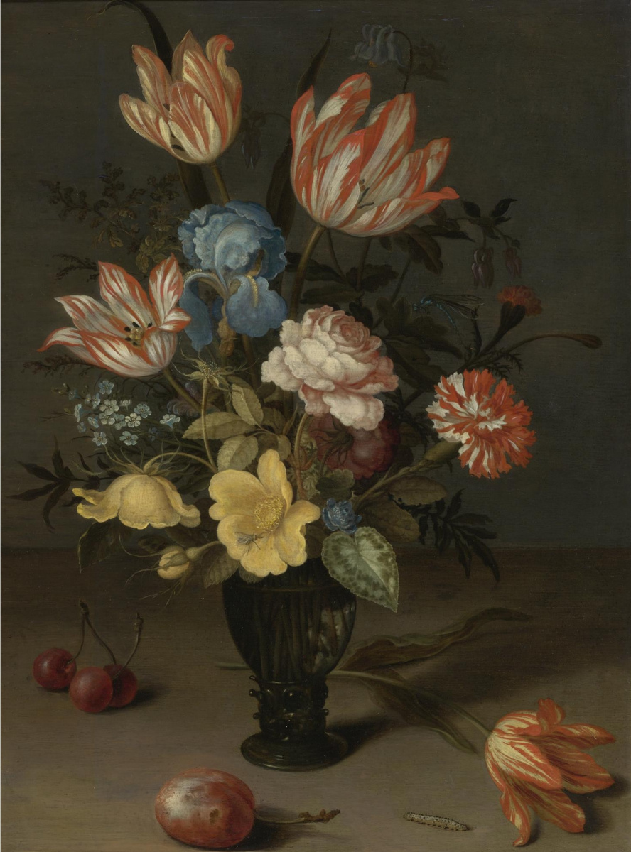 Балтазар ван дер Аст. Цветочный букет в стеклянной вазе, тюльпан и слива на столе