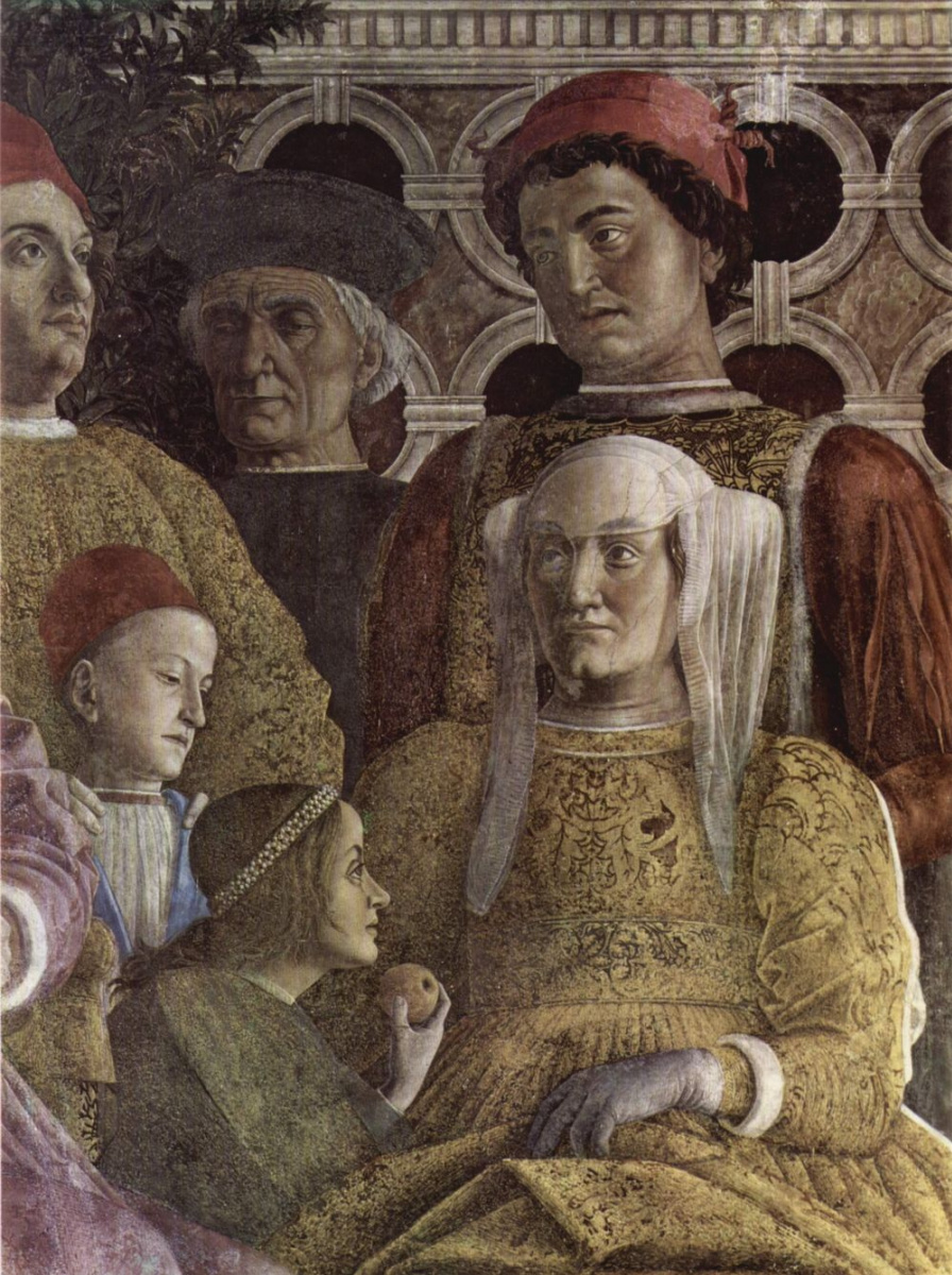 Андреа Мантенья. Двор Гонзага, фрагмент: супруга герцога Барбара Бранденбургская, её дети Лодовико, Паола, Рудольфо и придворный. Камера