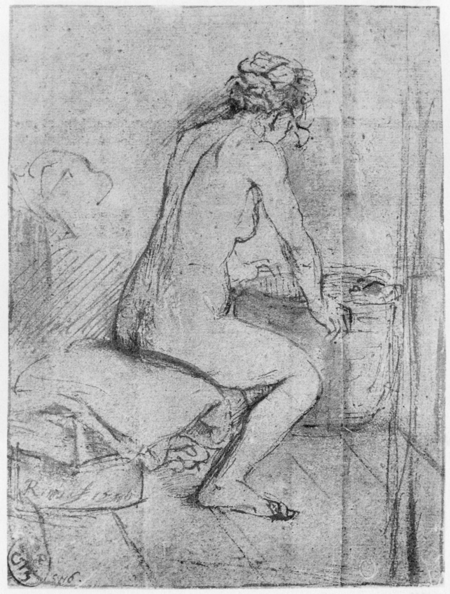 Рембрандт Харменс ван Рейн. Обнажённая натурщица, опирающаяся руками на корзину