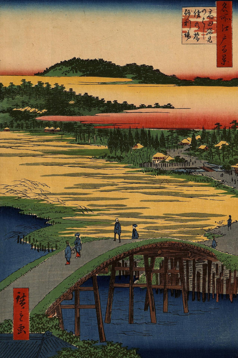 Утагава Хиросигэ. Гравиевая площадка у мостов Сугатами и Омокагэ в Таката. Серия "100 знаменитых видов Эдо"