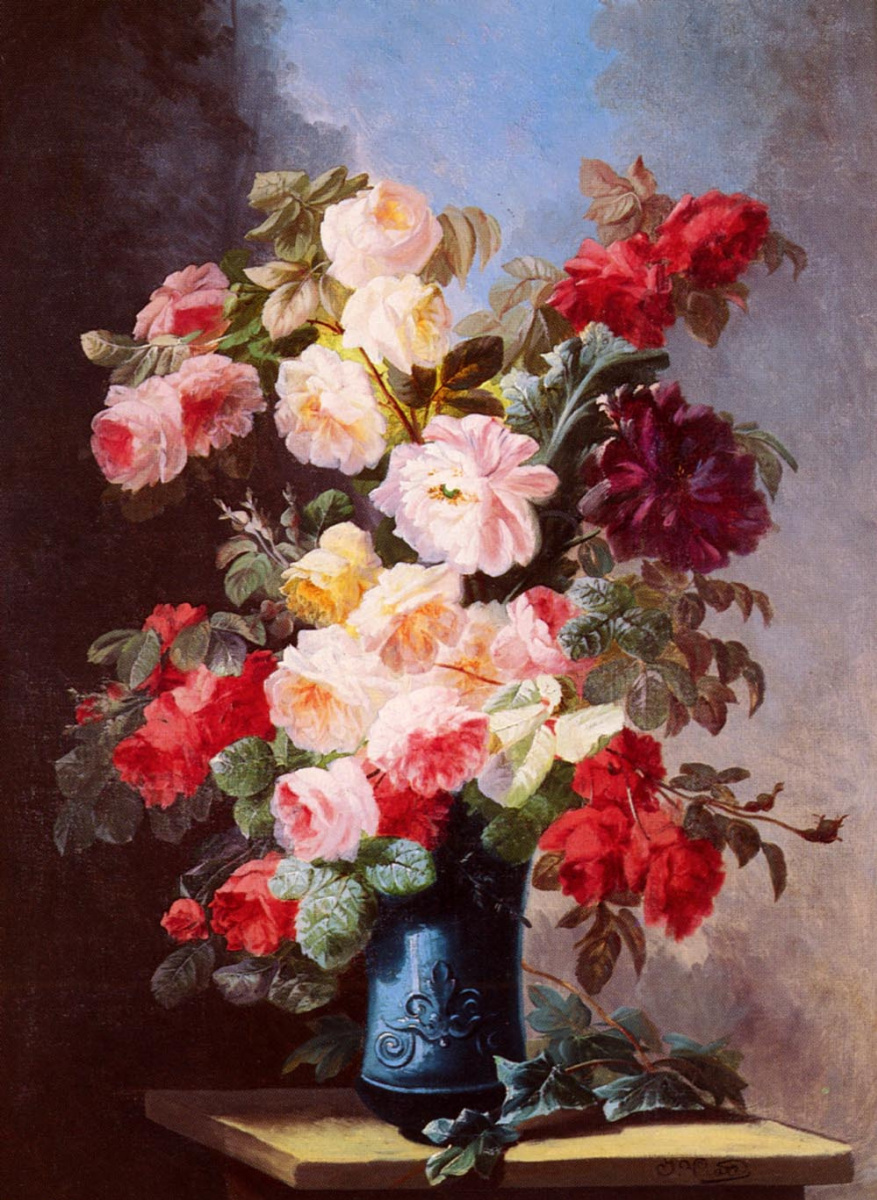 Жорж Виард. Натюрморт с розами и пионами в синей вазе