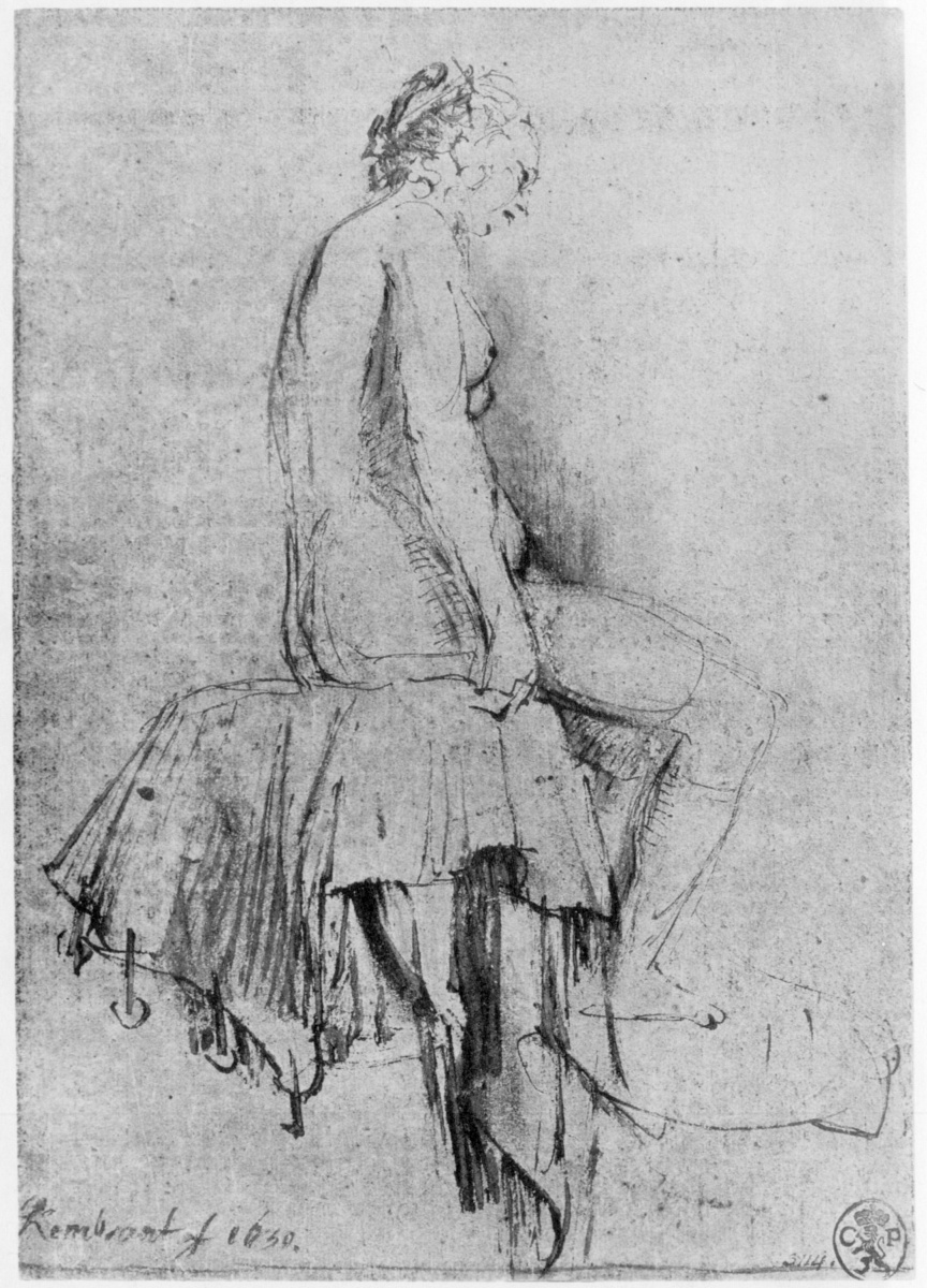 Рембрандт Харменс ван Рейн. Обнажённая сидящая натурщица в профиль