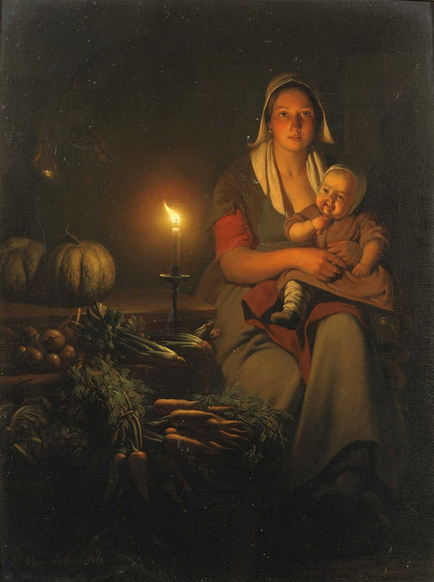 Петрус ван Шендель. Мать с ребенком на ночном рынке.