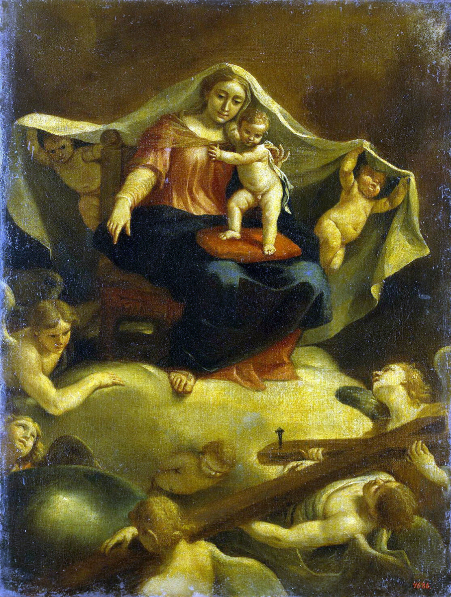 Себастьян Мартинес. Богоматерь с младенцем, сидящая на троне на облаках