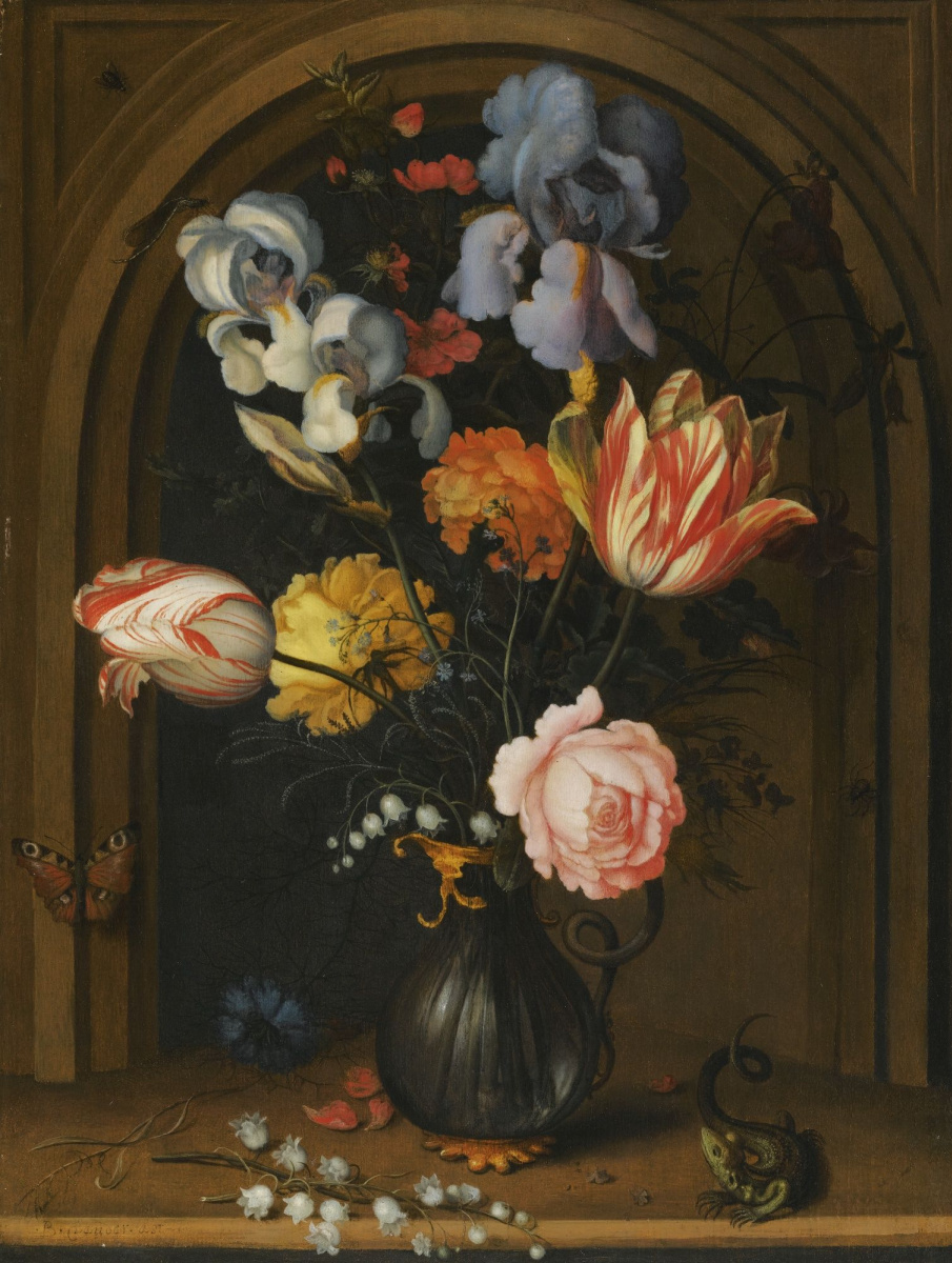Балтазар ван дер Аст. Натюрморт в нише, с ирисами, тюльпанами, ландышами, розами в стеклянной вазе с ящерицей и бабочкой