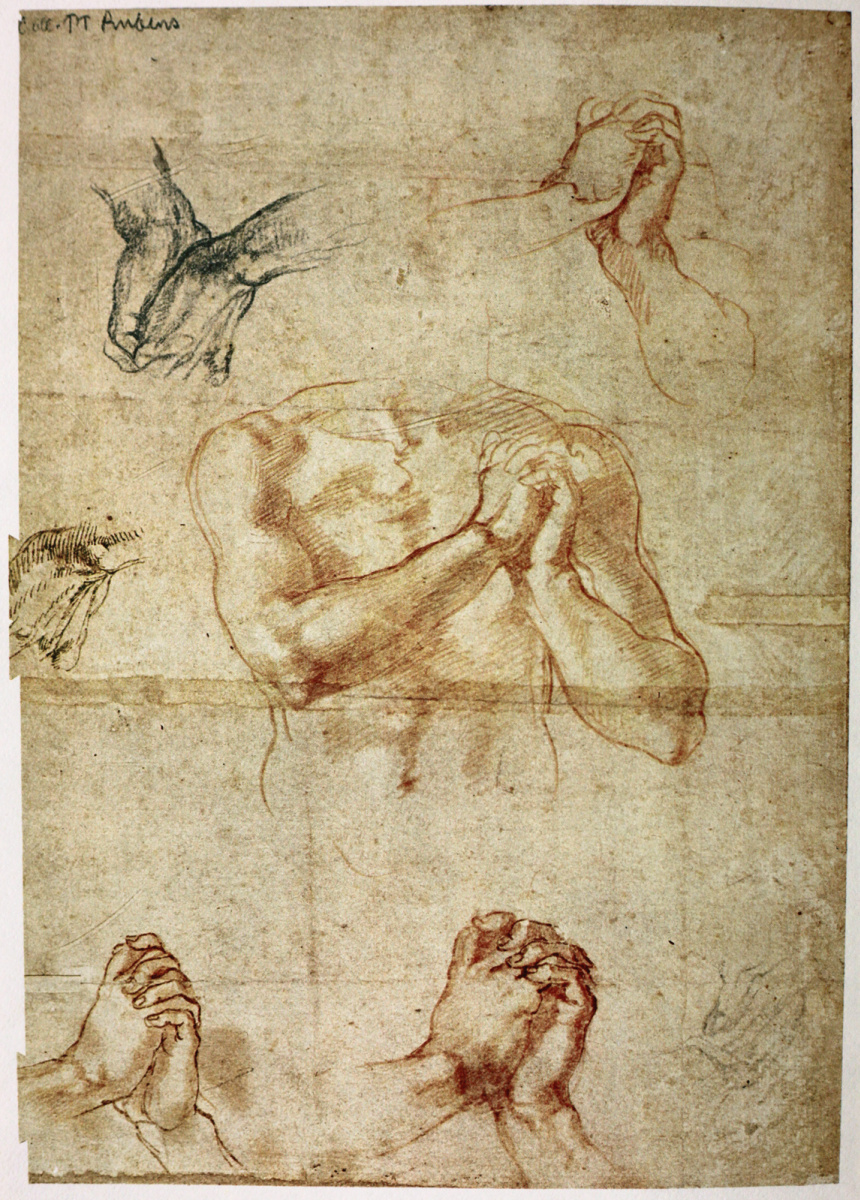 Микеланджело Буонарроти. Мужской торс со сжатыми руками и наброски рук