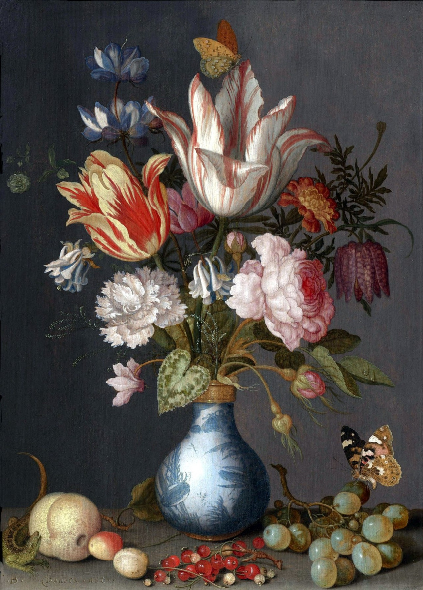 Балтазар ван дер Аст. Цветы в китайской вазе и бабочка на грозди винограда