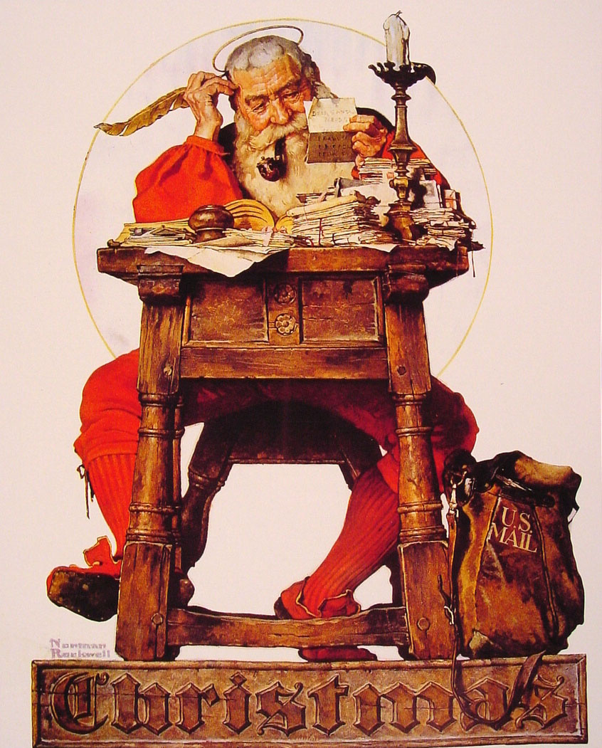 norman rockwell. santa reads christmas letters