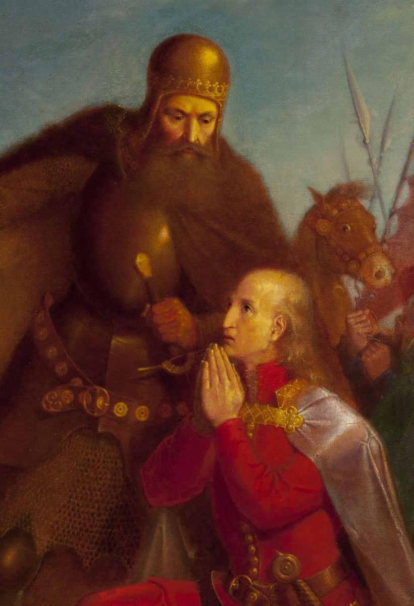 Ян Матейко. Владислав Ягелло с Витольдом молятся перед битвой при Грюнвальде. Фрагмент