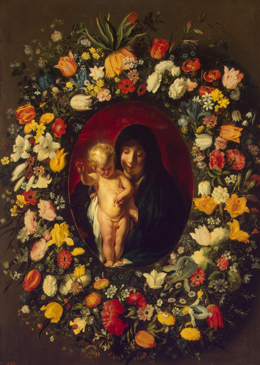 Якоб Йорданс. Мадонна с младенцем в венке из цветов