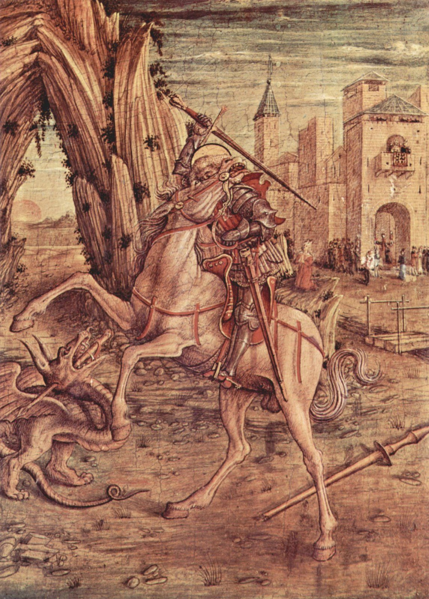 Карло Кривелли. Святой Георгий и дракон. Алтарь семьи Одони, правая створка в основании алтаря