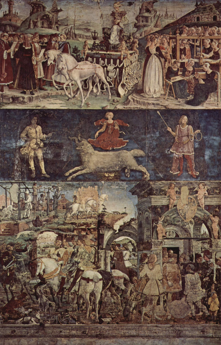 Франческо дель Косса. Фрески с изображением месяцев марта, апреля и мая во дворце Скифаноя, март -- триумфальное шествие Минервы, панорама