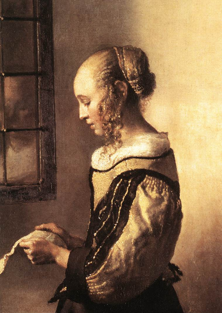 jan vermeer. girl with a letter at an open window. detail