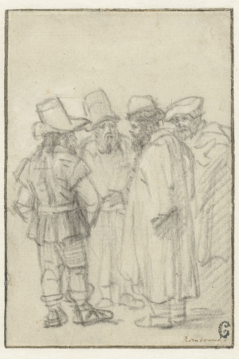 Рембрандт Харменс ван Рейн. Четверо стоящих мужчин в шапках