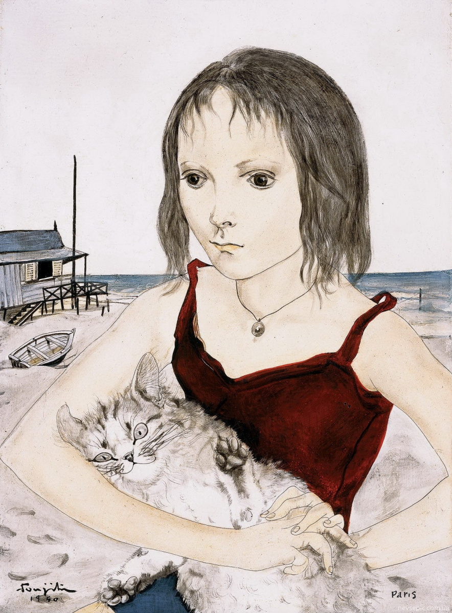 Цугухару Фудзита (Леонар Фужита). Девушка с котом на пляже