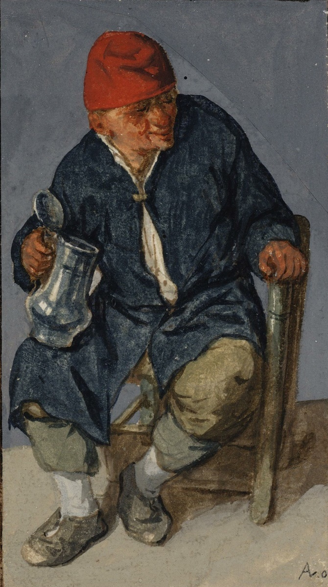 Адриан Янс ван Остаде. Сидящий крестьянин с кувшином