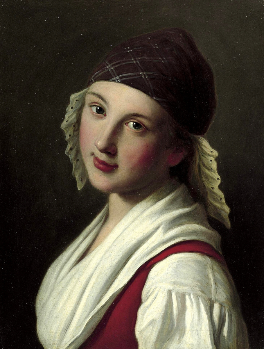 Пьетро Ротари. Портрет женщины с клетчатым шарфом с кружевной отделкой, красным жилетом и белой блузке