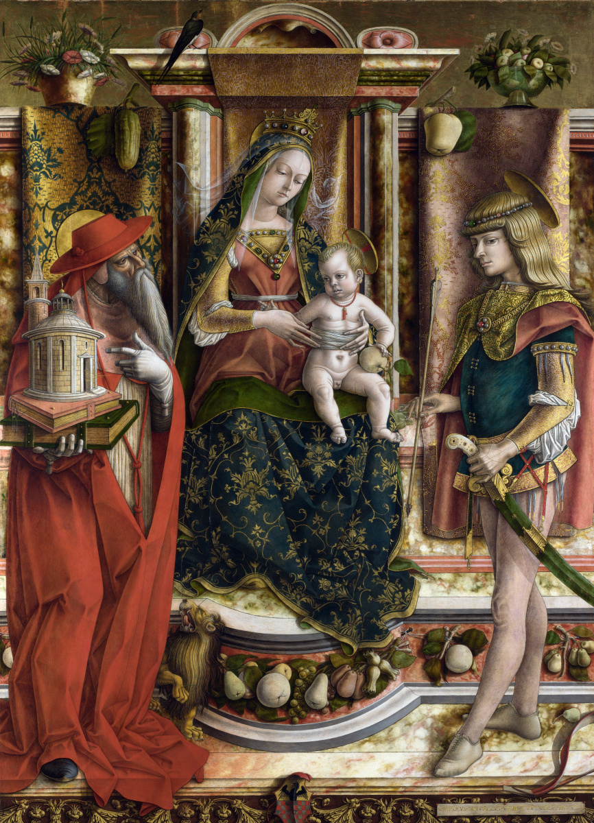 Карло Кривелли. Мария на троне, святой Иероним и святой Себастьян. Алтарь семьи Одони, центральная часть