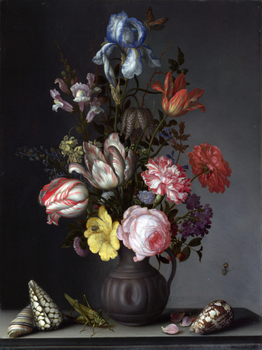 Балтазар ван дер Аст. Букет цветов в вазе и морские раковины