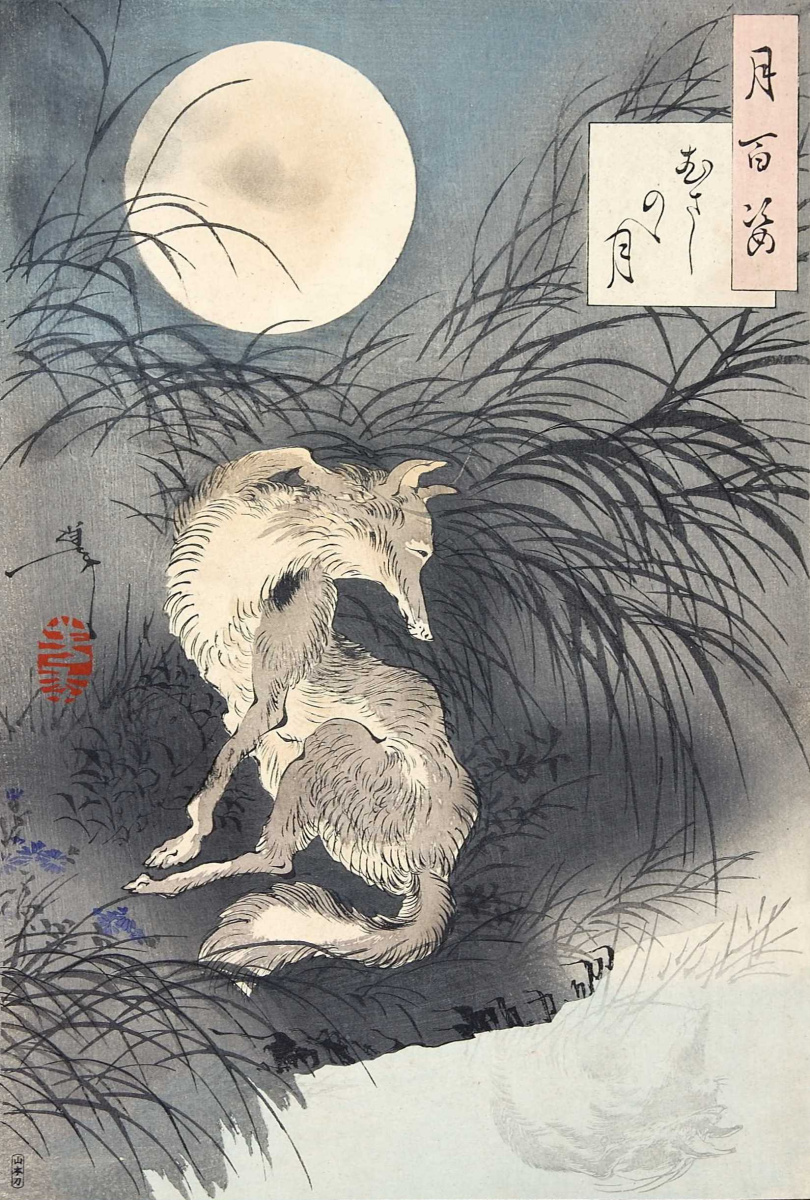 Цукиока Ёситоси. Лиса под волшебной луной долины Мусаси. Серия "100 видов луны"