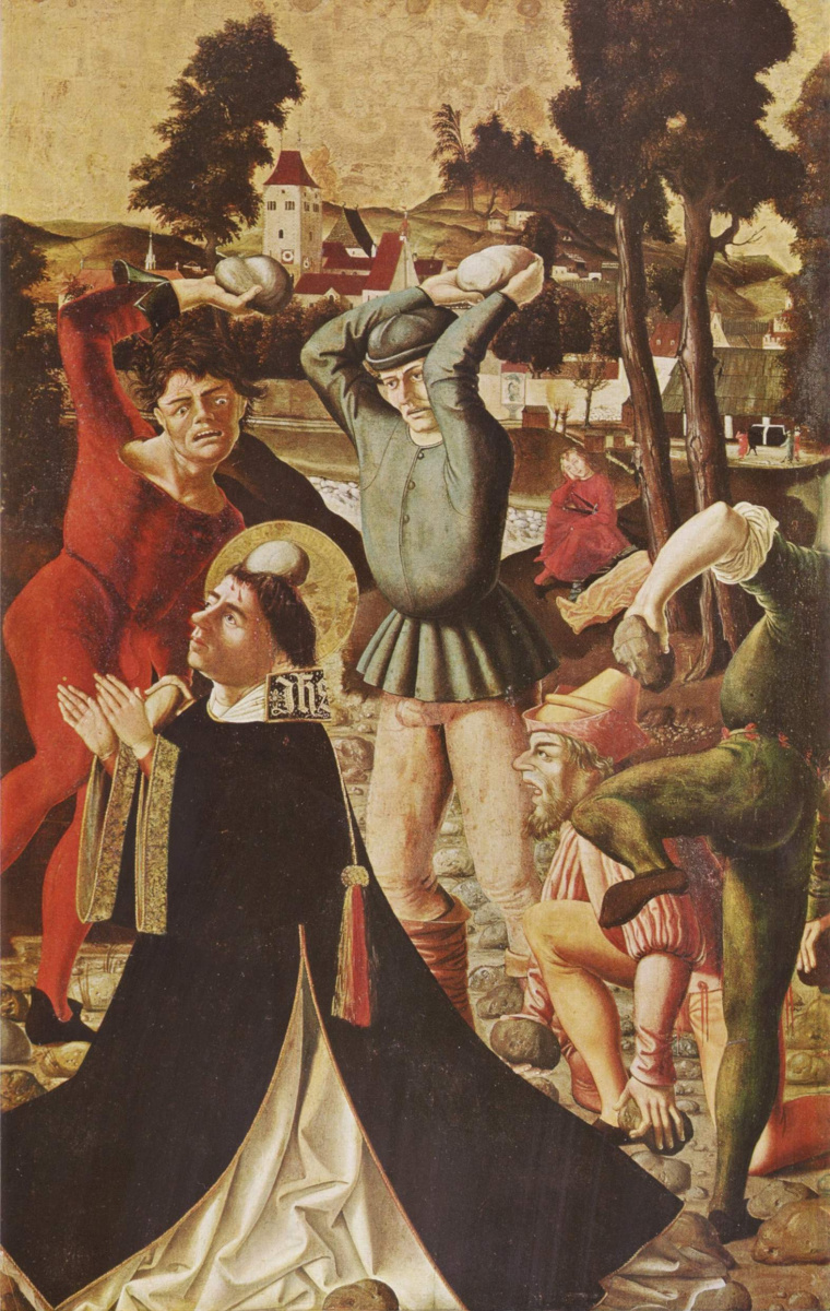 Маркс Рейхлих. Алтарь Иакова и Стефана, правая внутренняя створка, сцена внизу. Побиение камнями св. Стефана