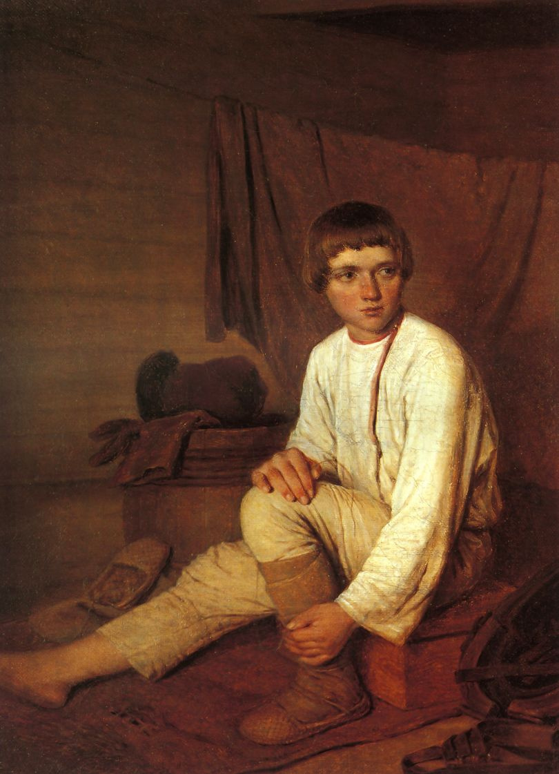 Алексей Гаврилович Венецианов. Крестьянский мальчик, надевающий лапти