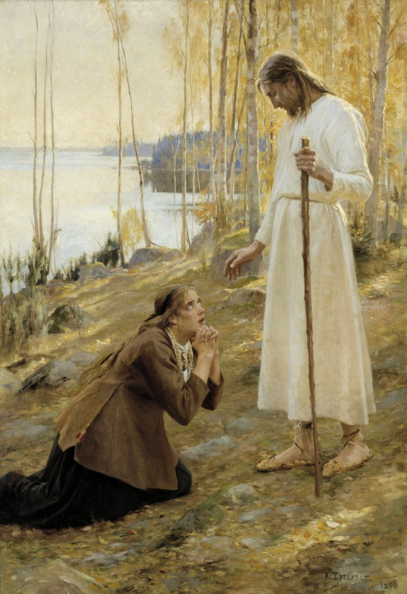 Альберт Густав Аристид Эдельфельт. Христос и Мария Магдалина, финская легенда. 1890 216 х 152
