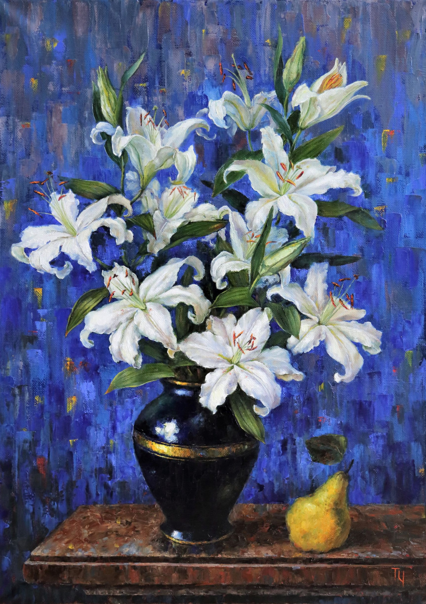 Татьяна Чепкасова. Белые лилии на синем фоне