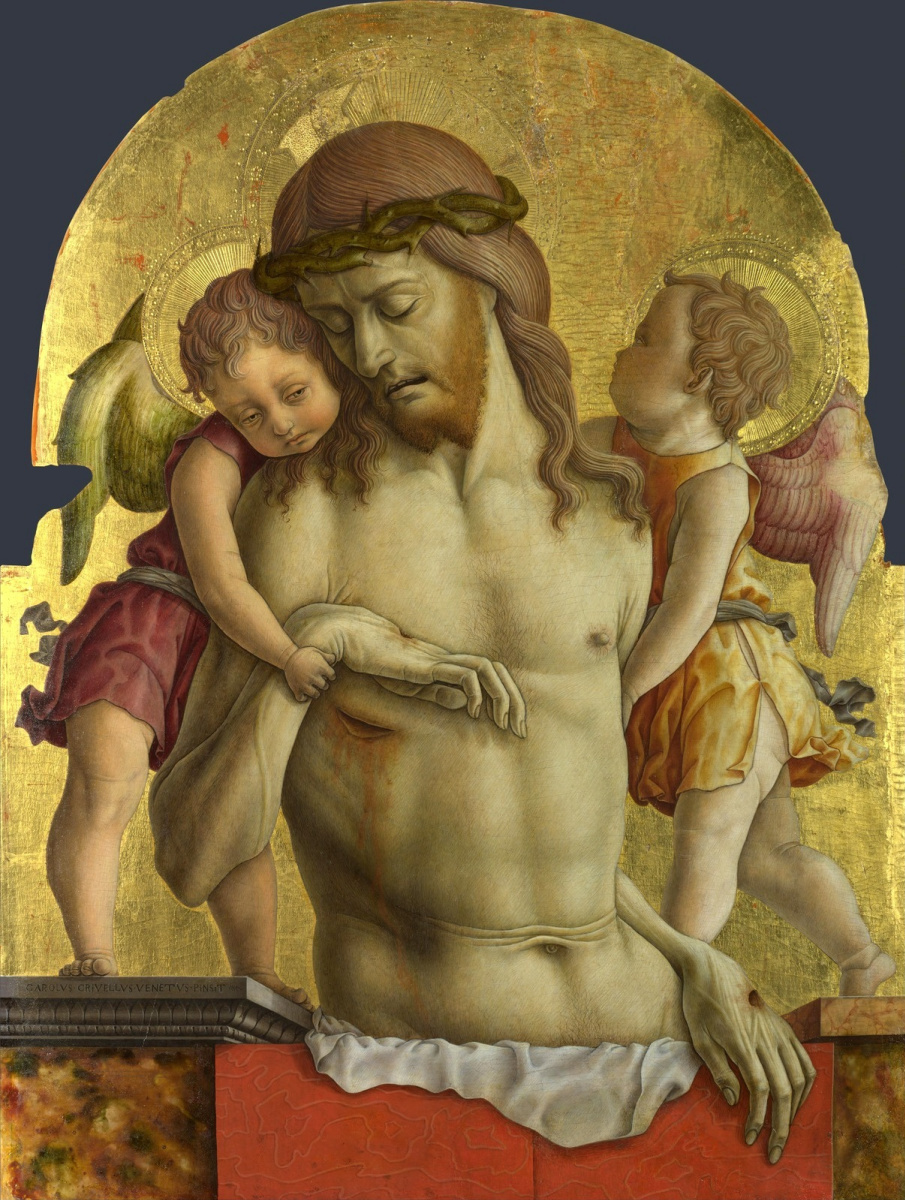 Карло Кривелли. Христос, поддерживаемый двумя ангелами. Алтарный полиптих церкви Сан Франческо в Монтефиоре дель Ассо, навершие центральной части