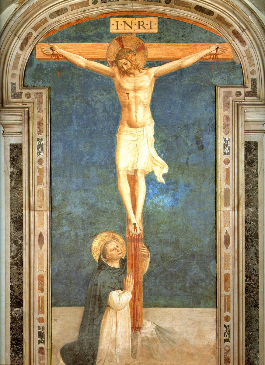 Фра Беато Анджелико. Святой Доминик, преклоняющийся распятию. Фреска монастыря Сан Марко, Флоренция