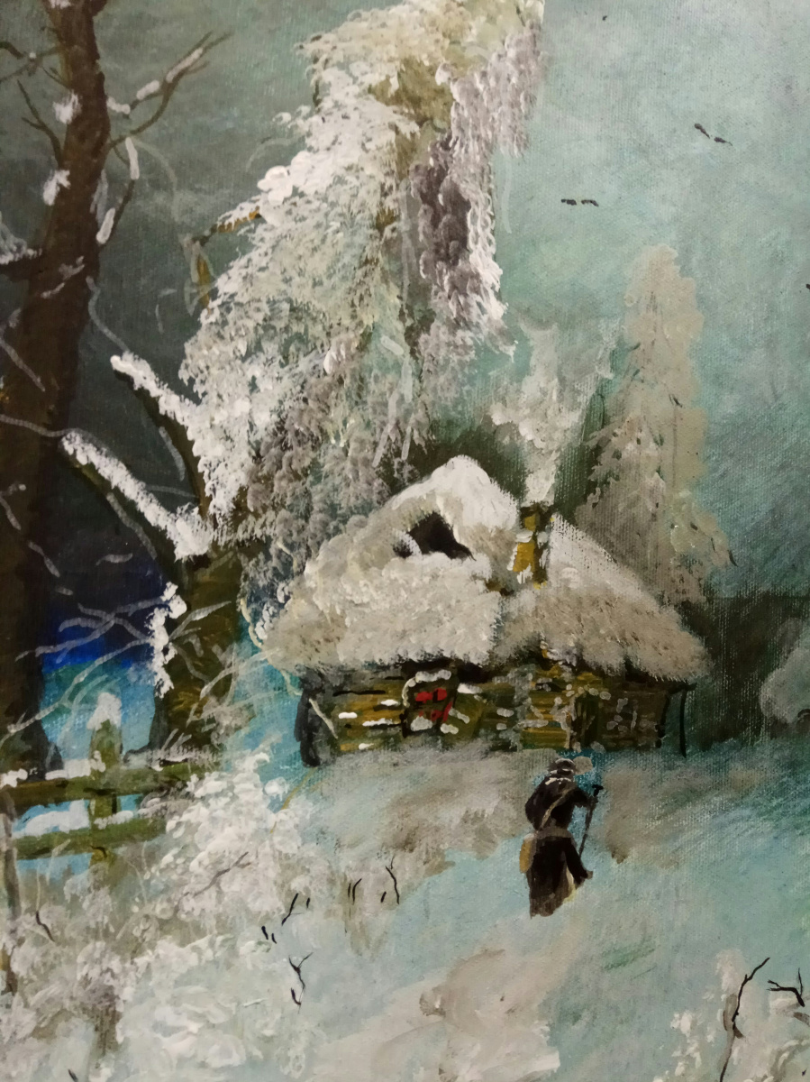 По мотивам Юлия Клевера. Зимний пейзаж с избушкой.