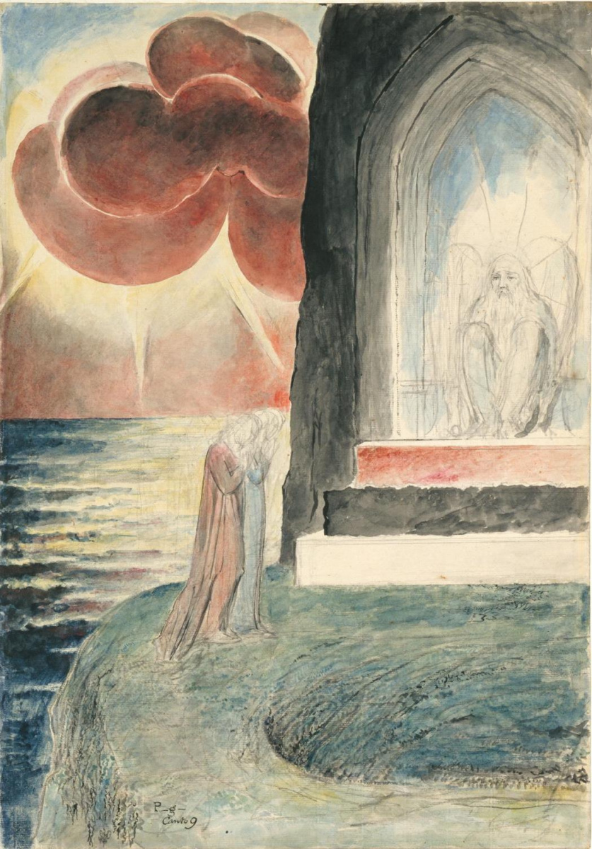 Уильям Блейк. Данте и Вергилий приближаются к Ангелу, охраняющему вход в Чистилище. Иллюстрации к "Божественной комедии"