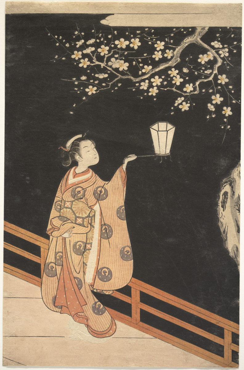 Судзуки Харунобу. Женщина любуется цветением сливы ночью