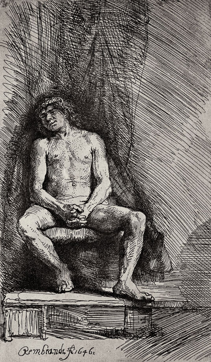 Рембрандт Харменс ван Рейн. Сидящий обнажённый юноша