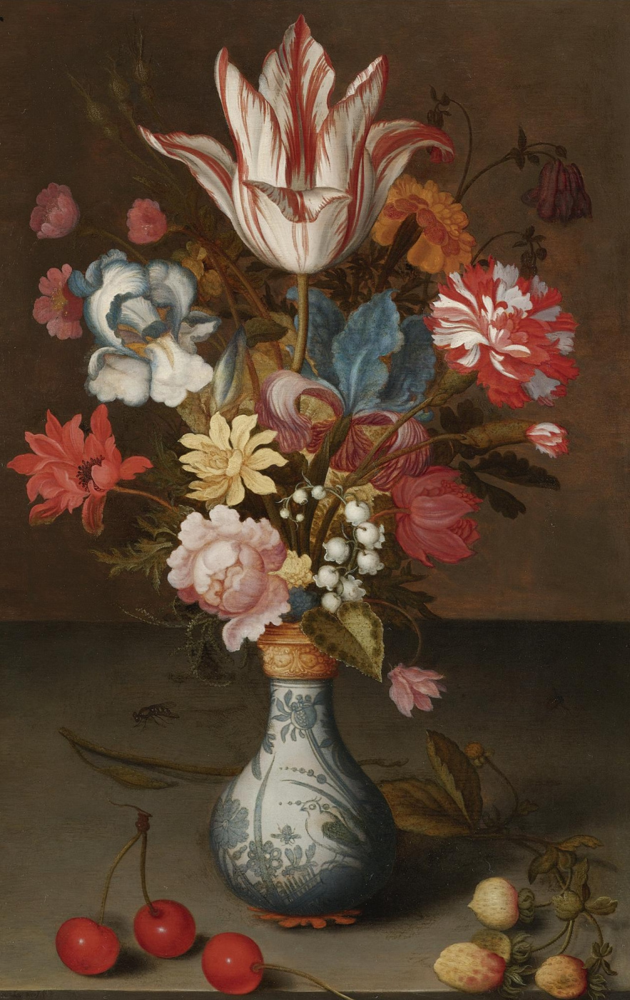 Балтазар ван дер Аст. Цветочный букет в вазе Ван-Ли и вишни на столе