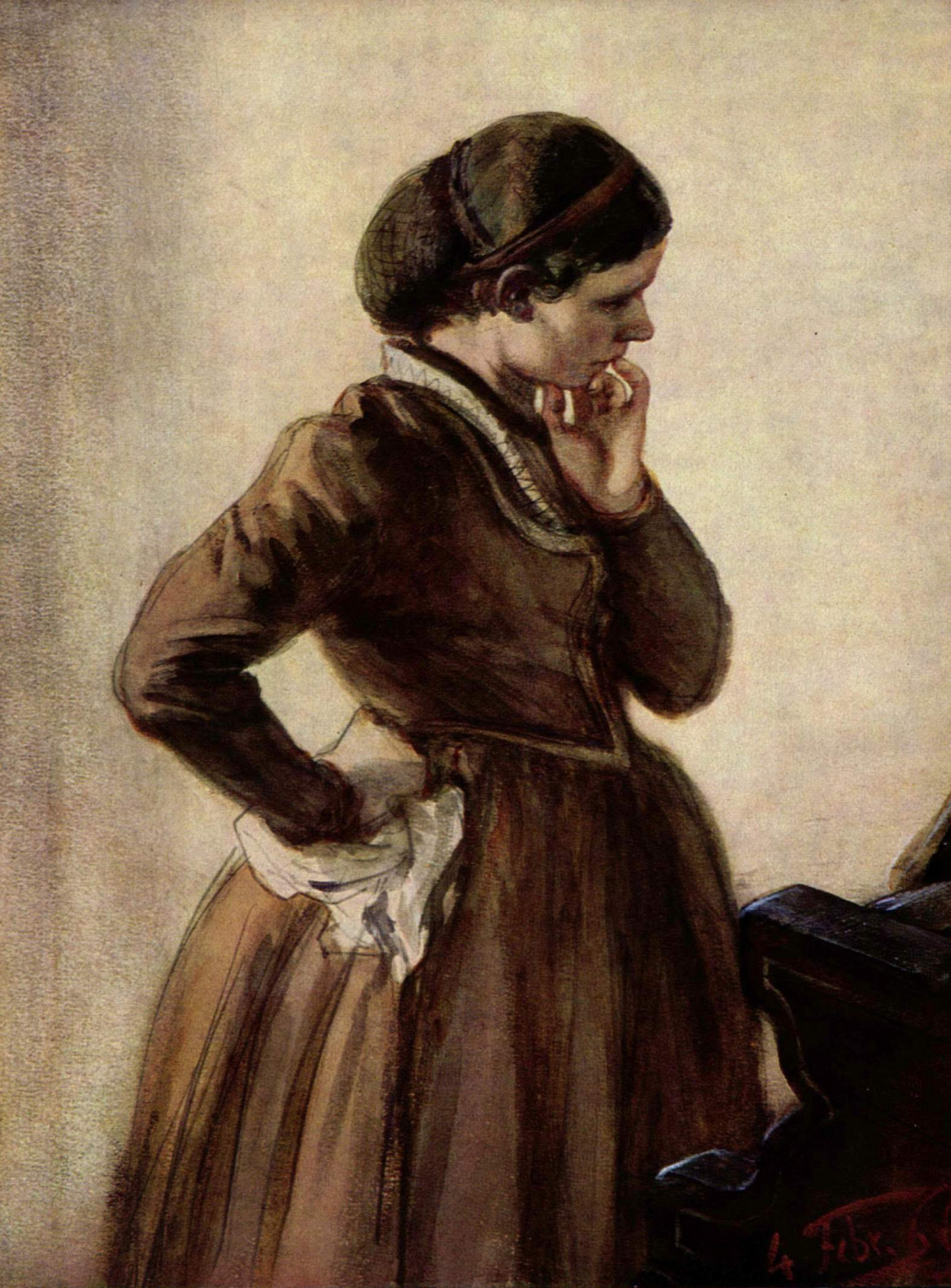 画作描述 ЭмилияМенцель, стоящаяурояля