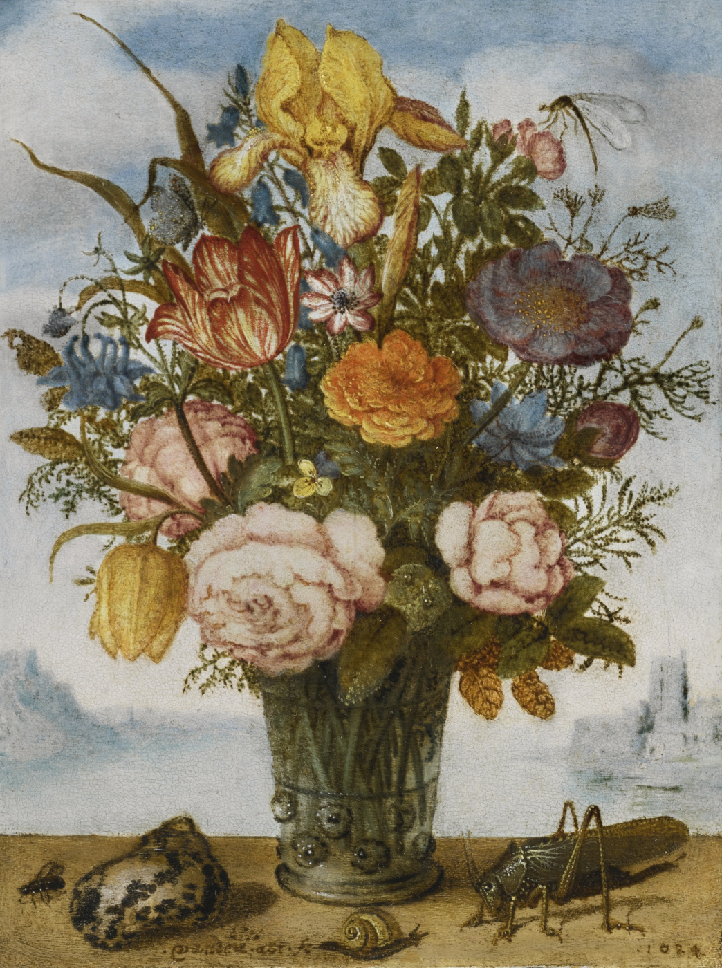 bouquet in a vase, shell and insects on the t