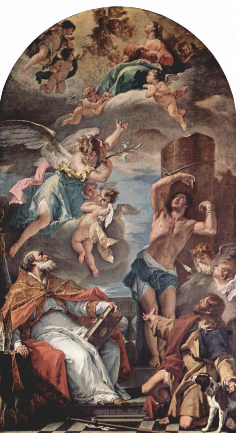 Себастьяно Риччи. Мария во славе с архангелом Гавриилом и свв. Евсевием, Себастьяном и Рохом