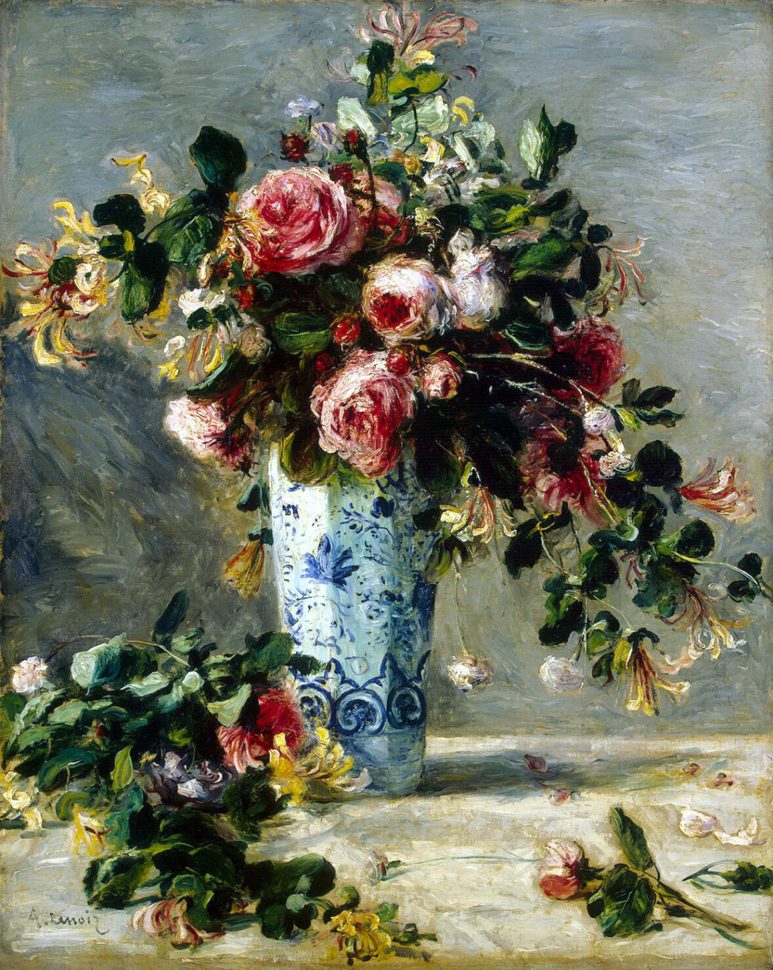 roses and jasmine in a delft vase
