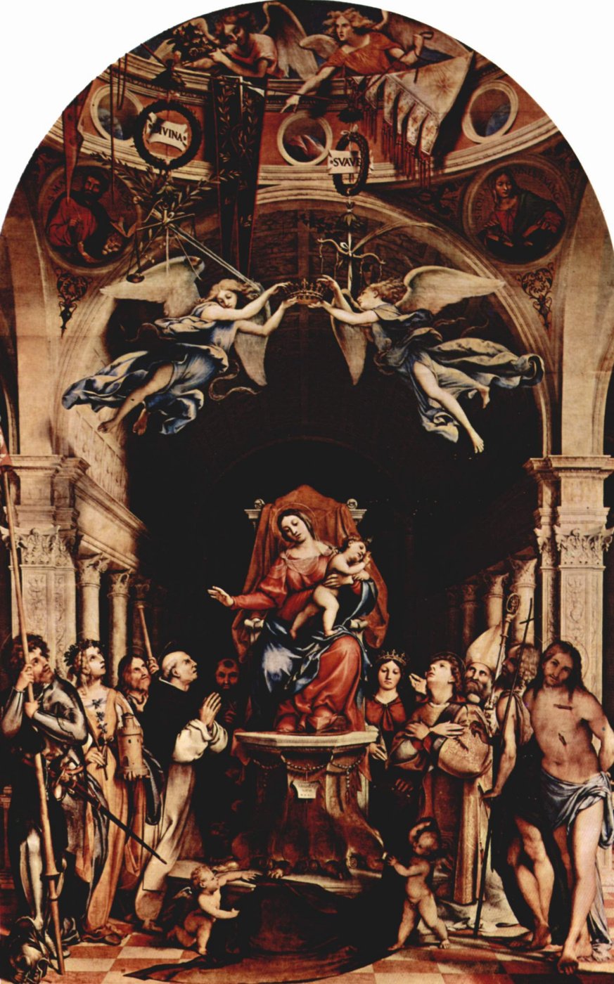 Лоренцо Лотто. Алтарный полиптих Сан Бартоломео в Бергамо, центральная часть. Мадонна на троне, ангелы и святые. Слева: Александр из Бергамо