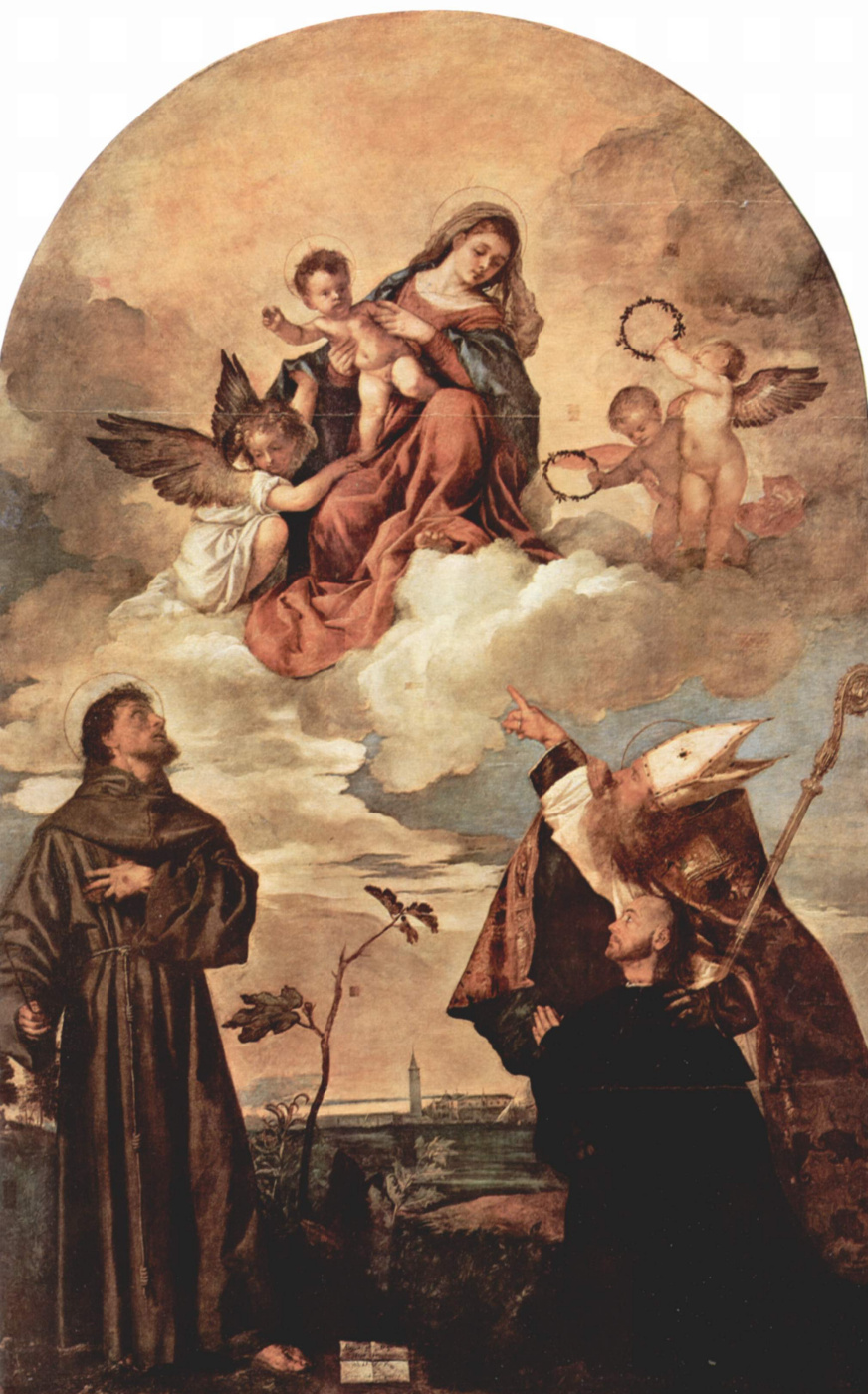 Мадонна Гоцци. Мария во славе с младенцем Иисусом и ангелами, св. Франциском, Альвизием и коленопреклоненным донатором Луиджи Гоцци