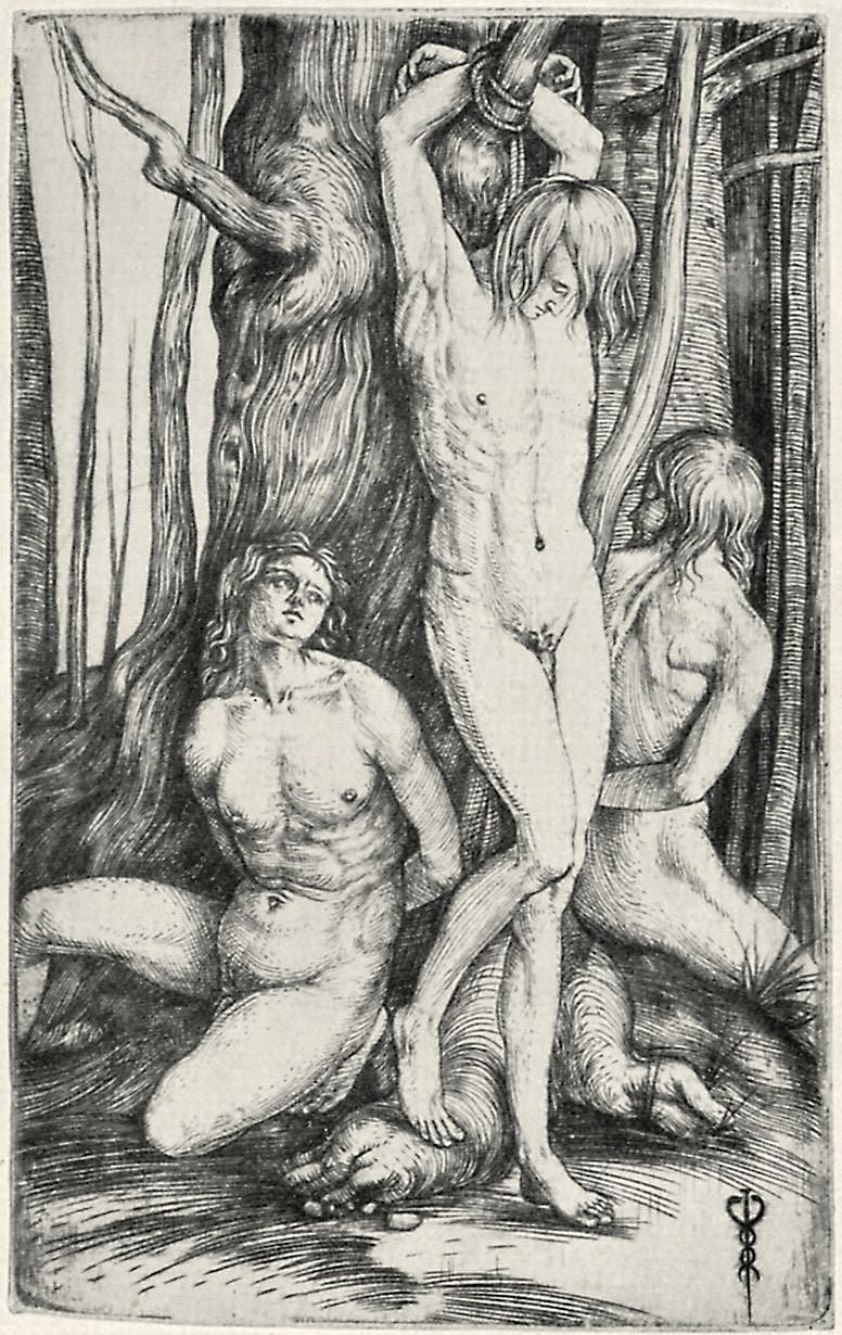 Якопо де Барбари. Три обнаженных мужчины, привязанные к дереву