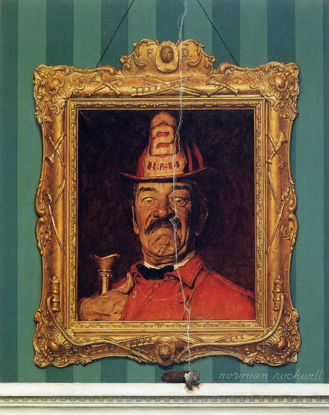 norman rockwell. portrait of a firefighter and a lit cigar