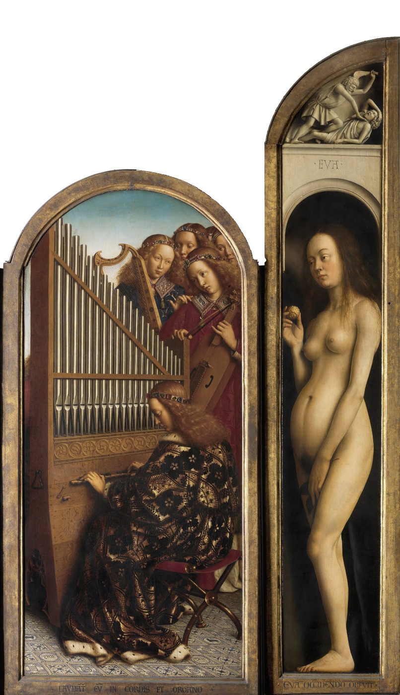 Ян ван Эйк. Гентский алтарь. Правая створка: Ева и музицирующие ангелы (фрагмент)